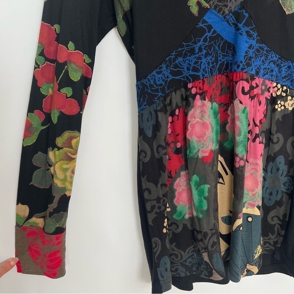 DESIGUAL V Neck Embroidered Multi Print Top Long Sleeve Small - Picture 5 of 12